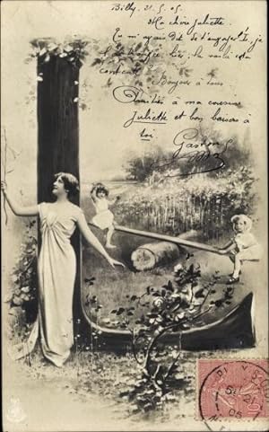 Ansichtskarte / Postkarte Kinder auf einer Wippe, Dame mit einer Blume