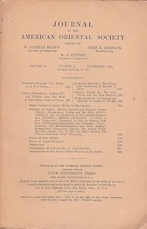 Image du vendeur pour Journal of of the American Oriental Society. Volume 54 - Number 3 - September 1934. mis en vente par Antiquariat Carl Wegner