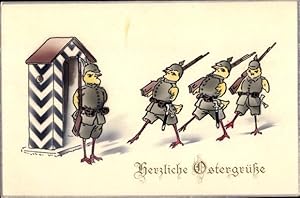 Ansichtskarte / Postkarte Glückwunsch Ostern, Küken als deutsche Soldaten im Kaiserreich, Wache