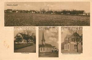 Postkarte Carte Postale 13567352 Niederhasli Schulhaus Kirche Konsum Genossenschaft Panorama Nied...