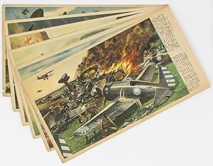 Six Second World War-vintage colour-pictorial pieces of Japanese patriotic ephemera, with artwork...