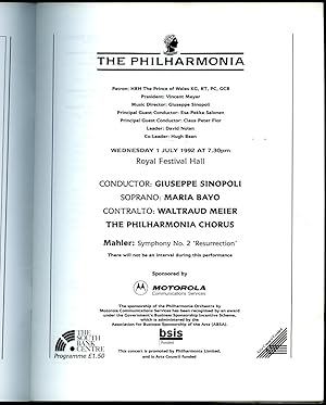 Seller image for Concert Programme | The Philharmonia Orchestra | Souvenir Programme on Wednesday 1 July 1992 at Royal Festival Hall | Mahler Symphony No. 2 in C minor 'Resurrection' for sale by Little Stour Books PBFA Member