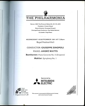 Seller image for Concert Programme | The Philharmonia Orchestra | Souvenir Programme on Wednesday 18 September 1991 at Royal Festival Hall | Beethoven Piano Concerto No. 5 (Emperor) and Mahler Symphony No. 1 for sale by Little Stour Books PBFA Member