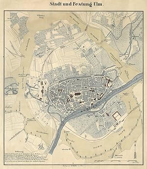 ULM. "Stadt und Festung Ulm". Stadtplan mit der Umgebung im Maßstab 1:10000.