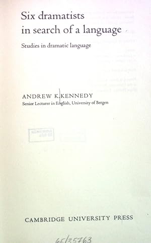 Immagine del venditore per Six dramatists in search of a language: Studies in dramatic Language. venduto da books4less (Versandantiquariat Petra Gros GmbH & Co. KG)