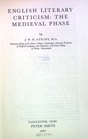 Imagen del vendedor de English Literary Criticism: The Medieval Phase, Vol. 3. a la venta por books4less (Versandantiquariat Petra Gros GmbH & Co. KG)