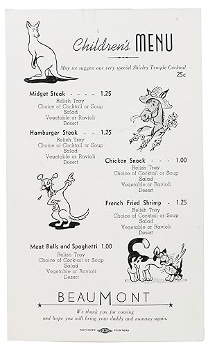 Seller image for CHILDREN'S MENU - BEAUMONT for sale by Tavistock Books, ABAA