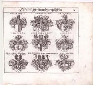 Bild des Verkufers fr Grafen, Herrn und Freyherrn. Wappen. HIER: Tafel Nummer: 21. Original-Kupferstich aus Siebmachers Wappenbuch,GR. Vratislau, V: Ludinghausen, V: Mailand, V: Ripperda, V: Skerbentzky, V: Meltz, Gr. V. Schluingen im Wertacher Thal, Die Sluing Graven V. Kelle;rberg zum Verkauf von Antiquariat Kastanienhof