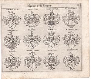 Bild des Verkufers fr Freiherrn und Herrn. Original-Kupferstich, Gundelfingen, Roseneck, Hohen Hwen, Falckenstein, Ramstein, Prandis, Bussnang, Weisenburg, Wardt, Starckenberg, Lirheim, Biberstein zum Verkauf von Antiquariat Kastanienhof