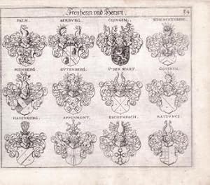 Bild des Verkufers fr Freyherrn und Herrn. Wappen . Original-Kupferstich, Palm, Aerburg, Clingen, Schenckenberg, Kienberg, Gtenberg, V: der Wart, Gssken, Hasenberg, Appermont, Eschenpach, Rtzncz zum Verkauf von Antiquariat Kastanienhof