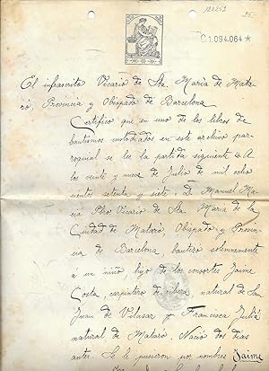 Certificado de Bautismo. Santa Maria de Mataró 1911