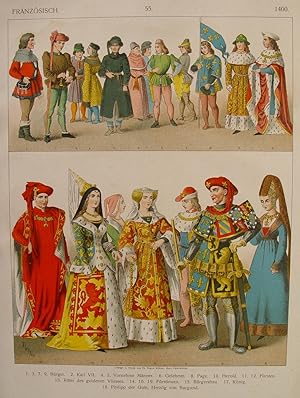 "Mode und Kleidung im Frankreich des Späten Mittelalters" originale Farblithographie ca. 24x20cm ...