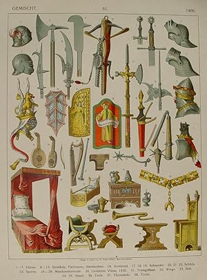 "Waffen, Rüstung, Haus- und Zierrat im Späten Mittelalter" originale Farblithographie ca. 24x20cm...