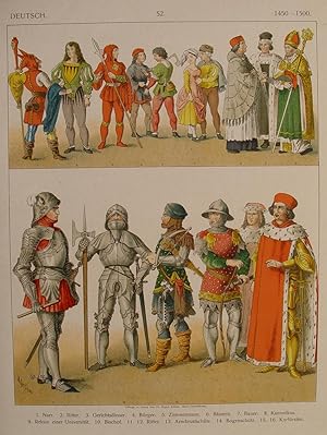 "Mode und Trachten im Deutschland des Späten Mittelalters" originale Farblithographie ca. 24x20cm...