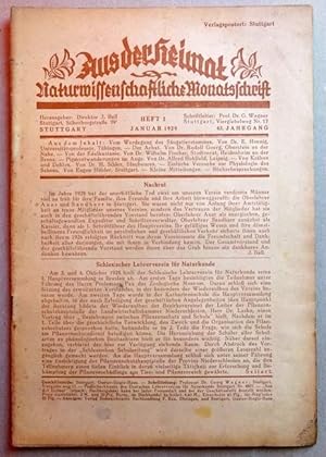 Bild des Verkufers fr Aus der Heimat 42. Jg. Heft 1 Januar 1929 (Naturwissenschaftliche Monatsschrift) zum Verkauf von ANTIQUARIAT H. EPPLER