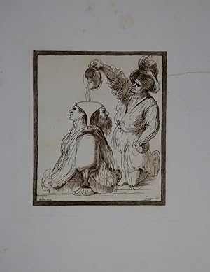 Bild des Verkufers fr A young man pouring water through a funnel into a vase with a man and a woman standing back to back behind. Etching by James Basire after Giovanni Francesco Barbieri, il Guercino. zum Verkauf von Antiquariat  Braun