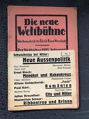 Bild des Verkufers fr Die neue Weltbhne, Wochenschrift fuer Politik-Kunst-Wirtschaft, Vol. XXXIV, No. 7, 17 Feb. 1938 zum Verkauf von Cragsmoor Books