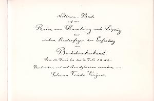 Bild des Verkufers fr Notizen-Buch auf der Reise von Hamburg nach Leipzig zur vierten Scularfeyer der Erfindung der Buchdruckerkunst. Vom 13. Juni bis den 3. Juli 1840. Beschrieben und mit Randglossen versehen. zum Verkauf von Antiquariat Reinhold Pabel