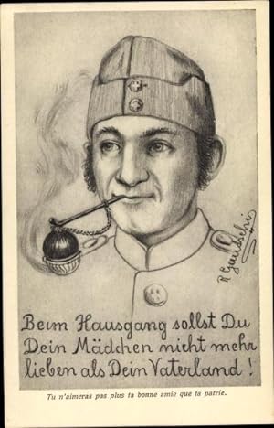 Künstler Ansichtskarte / Postkarte Gautschi, R., Schweizer Soldat mit Pfeife