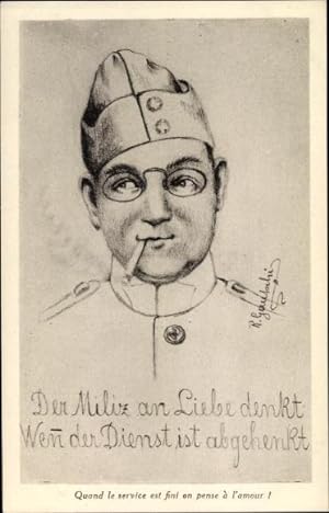 Künstler Ansichtskarte / Postkarte Gautschi, R., Schweizer Soldat mit Zigarette