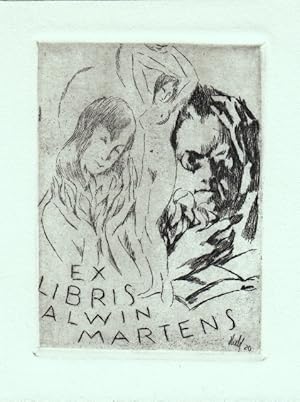 Seller image for Ex Libris Alwin Martens. Frau (Brustbild) mit Blumen, stehender weiblicher Akt, Brustbild eines Lesenden. for sale by Antiquariat  Braun