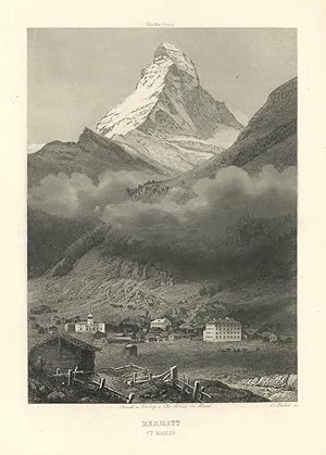 Imagen del vendedor de Gesamtansicht mit dem Matterhorn im Hintergrund ('Zermatt Ct. Wallis'). a la venta por Antiquariat Norbert Haas