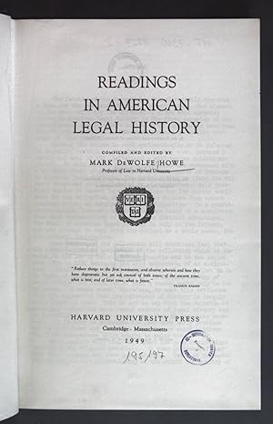 Bild des Verkufers fr Readings in American Legal History. zum Verkauf von books4less (Versandantiquariat Petra Gros GmbH & Co. KG)