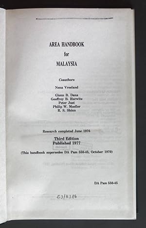 Bild des Verkufers fr Area Handbook for Malaysia. Library of Congress Cataloging in Publication Data zum Verkauf von books4less (Versandantiquariat Petra Gros GmbH & Co. KG)