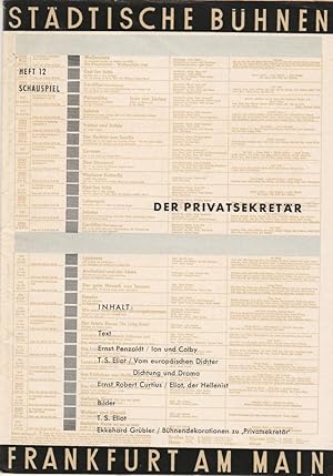 Bild des Verkufers fr Programmheft DER PRIVATSEKRETR. Komdie von T.S. Eliot Premiere 15. Mai 1959 Kleines Haus im Brsensaal Spielzeit 1958 / 59 Schauspiel Heft 12 zum Verkauf von Programmhefte24 Schauspiel und Musiktheater der letzten 150 Jahre