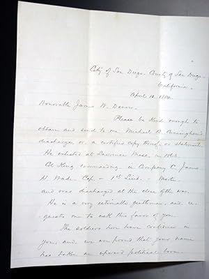 2 Page Autographed Letter Signed to the Honorable James W. Denver, April 10, 1884