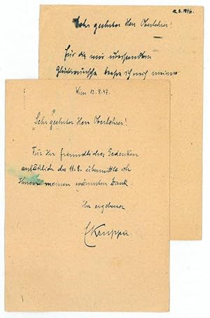 Bild des Verkufers fr 2 eigenh. Postkarten mit U. zum Verkauf von Antiquariat INLIBRIS Gilhofer Nfg. GmbH