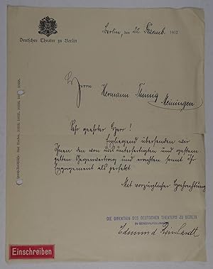 Theatermanager (1875-1929). Eigenh. Brief (1 Seite) mit Unterschrift auf Doppelblatt mit gedr. Br...