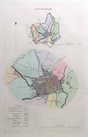 Antique Map NOTTINGHAM, ENGLAND Street Plan, Dawson Original hand coloured map 1832