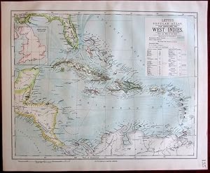 West Indies Caribbean 1883 Lett's map shows volcanoes lighthouses polar currents