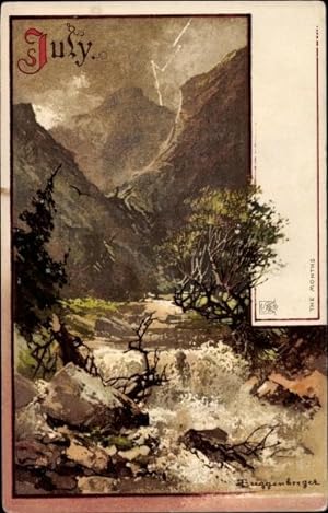 Künstler Litho Guggenberger, Thomas, Allegorie Juli, Landschaft, Blitz, Berge