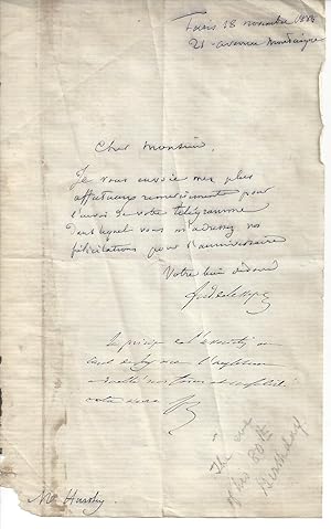 Imagen del vendedor de [ Ferdinand de Lesseps; Suez ] Autograph Note Signed "ferd. de Lesseps" to "Mr Hartley" [Sir Charles Augustus Hartley (1825 1915) eminent British civil engineer ), acknowledging congratulations to his 80th birthday a la venta por Richard M. Ford Ltd