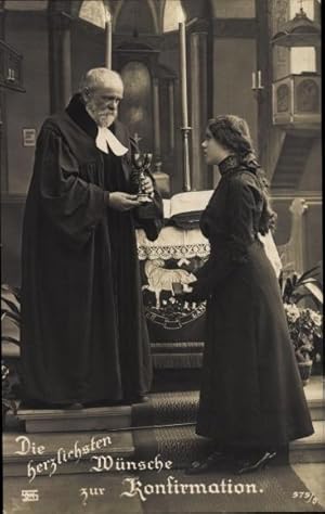 Ansichtskarte / Postkarte Glückwunsch Konfirmation, Mädchen, Priester, Altar