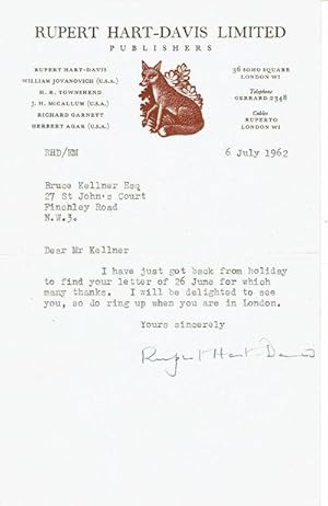 Seller image for TYPED NOTE SIGNED by the English publisher & editor SIR RUPERT HART-DAVIS on his publishing house's stationery. for sale by Blue Mountain Books & Manuscripts, Ltd.