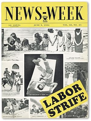 Bild des Verkufers fr Advertising Placard for News-Week Magazine, Vol. III, no.23 (June 9, 1934): "Labor Strife" zum Verkauf von Lorne Bair Rare Books, ABAA