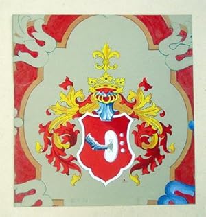 Wappen mit gerüstetem Arm und Schild. Aquarell, mehrfarbig.