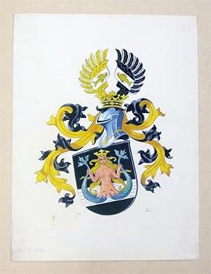 Wappen mit Meerjungfrau mit zwei Fischschwänzen. Aquarell, mehrfarbig.