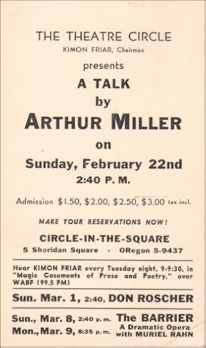 Imagen del vendedor de The Theatre Circle Presents : A Talk By Arthur Miller a la venta por Specific Object / David Platzker