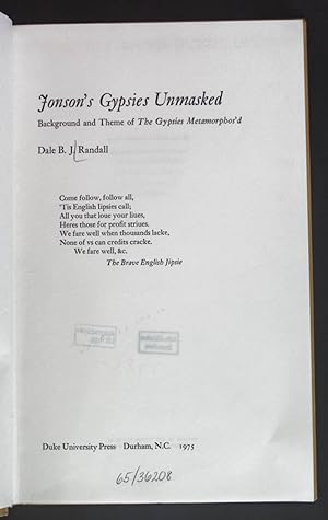 Seller image for Jonson's Gypsies Unmasked: Background and Theme of the Gypsies Metamorphos'd. for sale by books4less (Versandantiquariat Petra Gros GmbH & Co. KG)