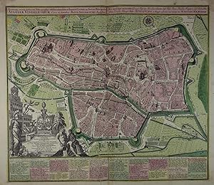 Bild des Verkufers fr Accurata delineata Ichnographia celeberrimae liberae Imperii Civitatis ac Sveviae Metropolis Augustae Vindelicorum . - Neu verfertigt accurater Grund Ri der Hochberhmten de Heil: Rm: Reichs Freyen u. de Schwbischen Creises Haupt Statt Augspurg. Altkolorierte Kupferstichkarte von Matthus Seutter. Augsburg um 1730, 49 x 57 cm zum Verkauf von Antiquariat Johannes Mller