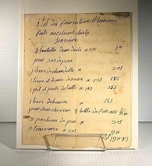 Colonel Gabriel Christie et autres invités. Facture d'auberge. C. 1777-1781. Document manuscrit
