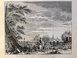 Antique print, etching | 'Graave belegerd, door Prinse Maurits'; Siege of Grave, 1602, 1 p.