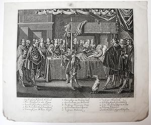 [Original engraving/gravure] 'uytgang van syn hoogheyt Fred. Henrik prince van Oranje'; Bed of st...