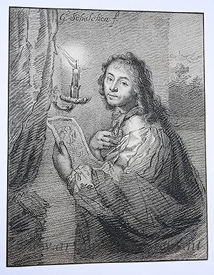 Antique printdrawing | Self portrait of Schalcken with a candle, published 1821, 1 p.