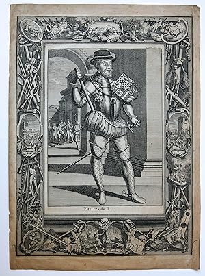 Bild des Verkufers fr [Antique print etching and engraving/ets en gravure] PHILIPS de II (portrait of Philip II of Spain)/Filips de Tweede van Spanje, published 1725. zum Verkauf von Antiquariaat Arine van der Steur / ILAB