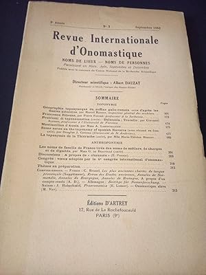 Revue Internationale d'Onomastique - Noms des lieux - Noms des Personne 5e Année - N.3 - Septembr...